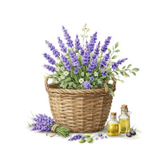 Watercolor vector illustration of a lavender bouquet in a wicker basket with essential oil bottles, isolated on white. Perfect for aromatherapy, spa, wellness, herbal, and floral designs.