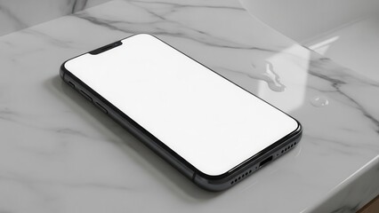 Top down view of a smartphone with white screen on a marble bathroom counter