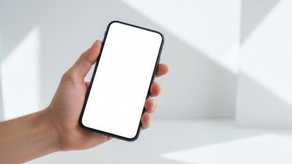 Smartphone mockup with empty white screen held by hand in creative studio