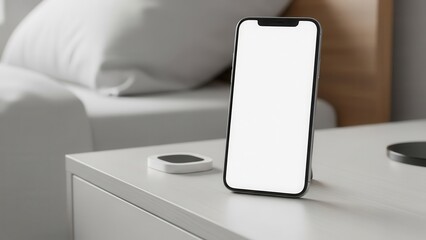 Side angle of a smartphone with copy space screen on a modern bedside table