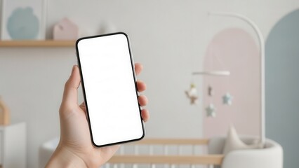 Clean smartphone mockup with blank display held by hand in minimal nursery