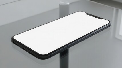 Smartphone mockup placed diagonally on a glass table with copy space screen for digital advertisement
