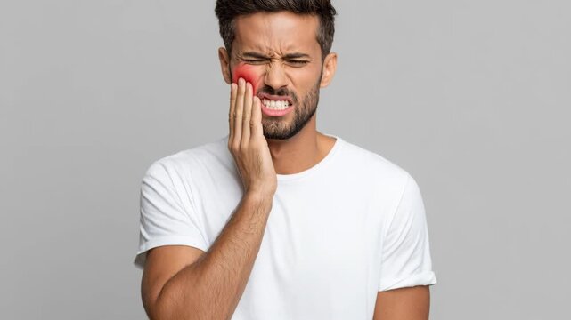 A man is in pain, holding his jaw, with a red mark on his cheek indicating toothache or facial pain.