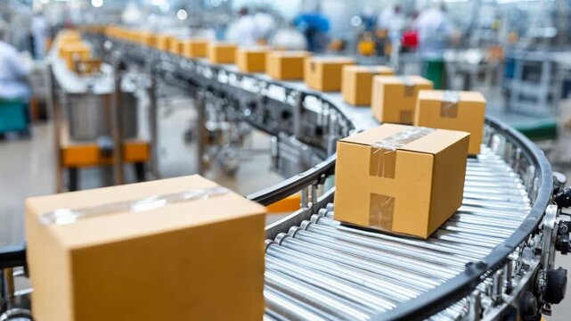 Cardboard boxes moving along a conveyor belt in a warehouse, ready for shipment and distribution.