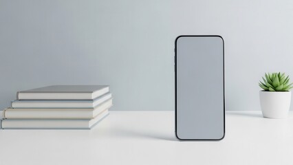 A minimalist desk with a blank phone mockup and a small stack of hardcover books