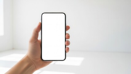 Hand holding a mobile phone with pristine white screen mockup in a minimalist bright studio setting