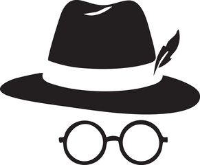 Vintage fashion illustration of a black retro bowler hat and cowboy style headwear featuring a gentleman silhouette with a mustache and glasses in a minimalist vector icon design