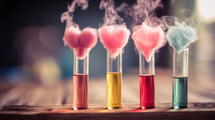 pink heart shaped smoke out of test tubes