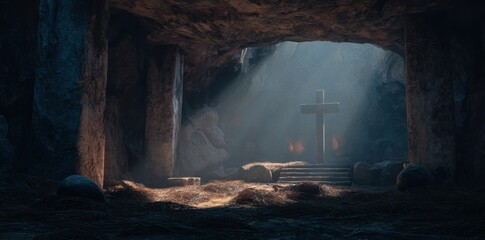 dramatic scene of the manger in an ancient tomb
