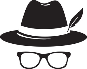 A stylish gentleman wearing a classic black felt cowboy hat and vintage sunglasses poses as a fashion object of retro design