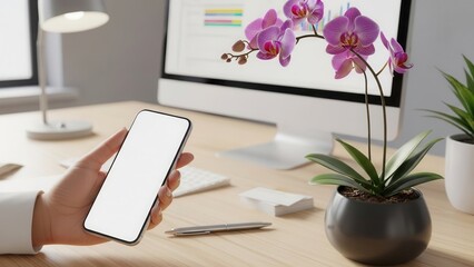 Professional environment with hand holding phone mockup beside a potted orchid on a desk
