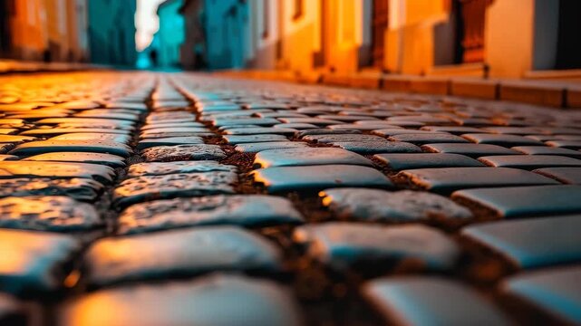 Cobblestone Street: A captivating perspective of a cobblestone street, bathed in warm, inviting light, leading the viewer through a historical urban landscape. 