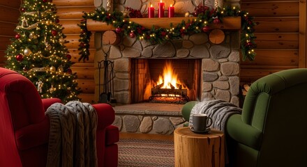 Obraz premium Cozy Christmas Fireplace Cabin.