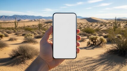 Smartphone mockup with empty display held by hand in sunny desert landscape