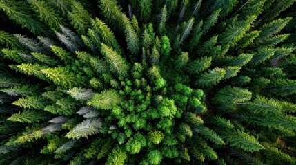Aerial View of Green Pine Forest Canopy with Varying Light and Shadows in Outdoor Setting on Sunny Day Creating Textured and Overlapping Natural Pattern