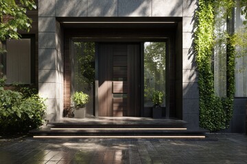 Modern residence entryway features dark wood door and lush exterior greenery illuminated by natural light