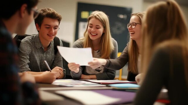 High school students collaborating and laughing during group study in classroom