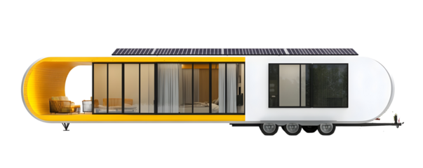 rendering 3D of modern yellow and white trailer house with solar panel technology isolated on white background