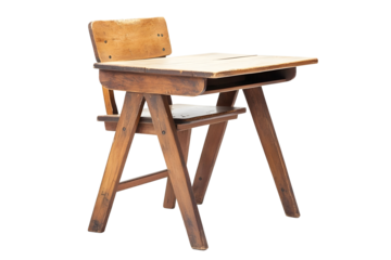 Wooden school desk and chair isolated on white