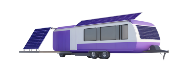 rendering 3D of modern purple and white trailer house with solar panel technology isolated on white background