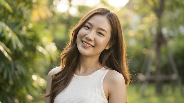 A radiant young woman with long, flowing brown hair beams directly at the camera, showcasing a genuine and joyful smile. Her expression conveys happiness, confidence, and a sense of well-being. The sh