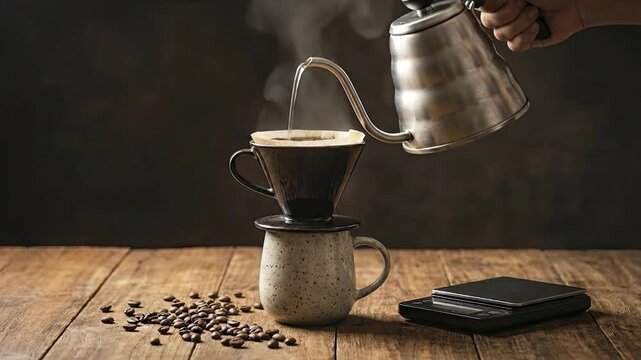 A serene and artisanal scene captures the delicate process of making pour-over coffee. Hot water, steaming gently, is carefully poured from a sleek gooseneck kettle into a filter cone resting on a cer