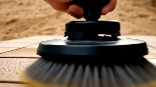 Person hand using circular brush to scrub wet floor tiles 
