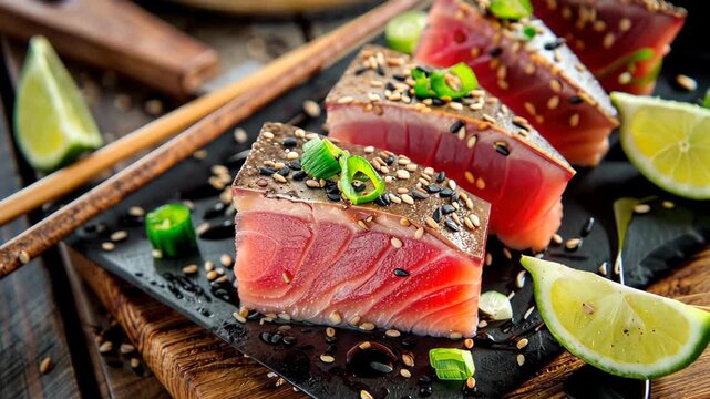 Delectable Tuna Sashimi: Exquisite slices of seared tuna sashimi, garnished with sesame seeds and fresh scallions, presented alongside zesty lime wedges and chopsticks, a culinary delight.