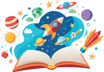 Open book with colorful space and science fiction illustration emerging, featuring planets, stars, and a rocket ship, symbolizing imagination and learning © Mohammad