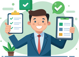 Smiling businessman holding checklists representing successful task completion and approval