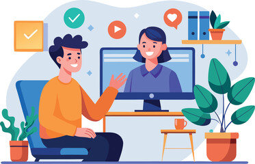 Smiling man having a video call with a woman from his home office