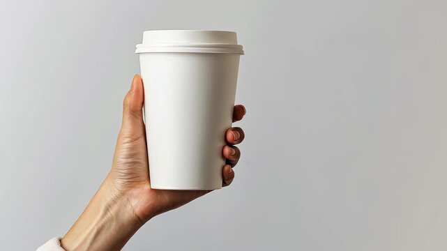 Caffeine Ritual: A poised hand delicately presents a pristine takeaway coffee cup, offering a refreshing and energizing start to the day.