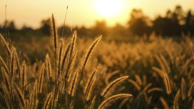A serene close-up shot captures the delicate beauty of feathery grass swaying gently in a field during a breathtaking golden hour sunset or sunrise. The warm, soft sunlight backlights the plant plumes