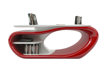 modern curved red and white study desk bookshelf with elegant carving isolated on white background