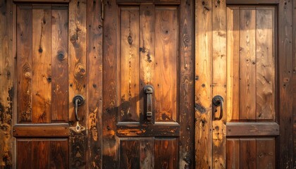 Close-up of a rustic wooden door with three door handles, and a sunlit top