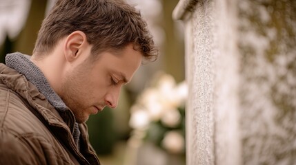 Man bowing his head in silent prayer at cemetery with flowers  