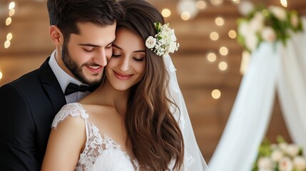 Young couple happily embracing during wedding ceremony with decor  