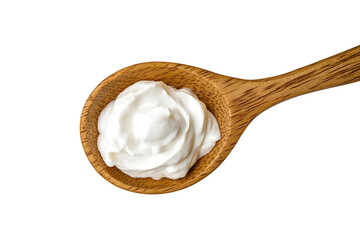 sour cream in wooden spoon mayonnaise yogurt isolated on white background clipping path full depth of field