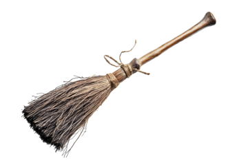 Old wicked witches broomstick isolated on white background