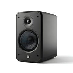 Obraz premium Modern black audio speaker on a white background with a subtle shadow