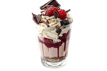 dessert in a clear glass with berries cream and chocolate top view flat lay isolated on white background