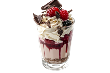 dessert in a clear glass with berries cream and chocolate top view flat lay isolated on white background