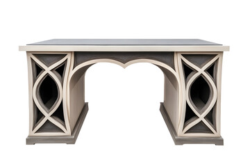 modern light grey and cream wooden study desk bookshelf with elegant carving isolated on white background with clipping path