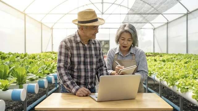A smiling, mature Asian couple, engaged in modern farming, reviews information on a laptop and takes notes inside a bright hydroponic greenhouse. Surrounded by rows of fresh, green lettuce, they embod