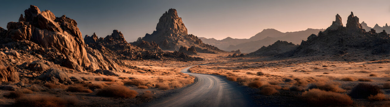 Image related to unexplored road journeys and adventures.Road through the scenic landscape to the destination in Lanzarote natural park