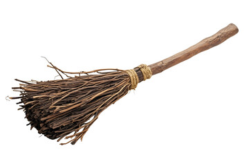 Old wicked witches broomstick isolated on white background