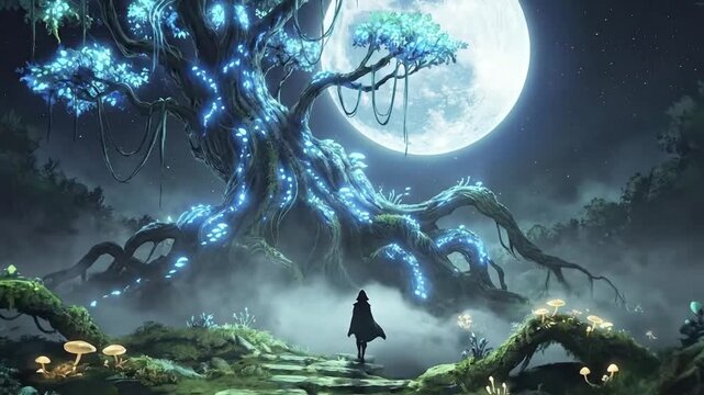A solitary, cloaked figure stands upon a winding path, gazing towards an immense, ancient tree under a colossal, luminous full moon. The fantastical landscape is alive with an ethereal blue glow emana