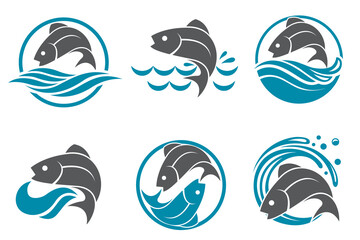 collection of fish icon with waves isolated on white background
