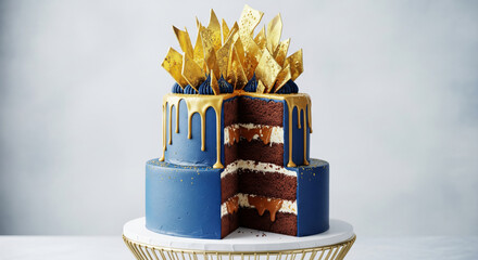 A hyper-realistic, high-resolution studio photograph of a luxurious two-tier drip cake with a slice removed to show the interior. 