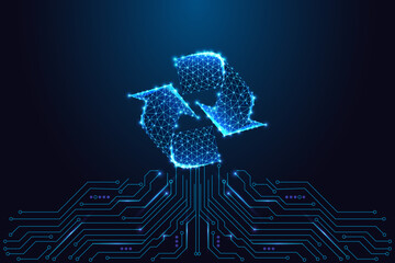 Sustainability, eco-technology and recycling innovation. Recycle arrows above circuit board.
